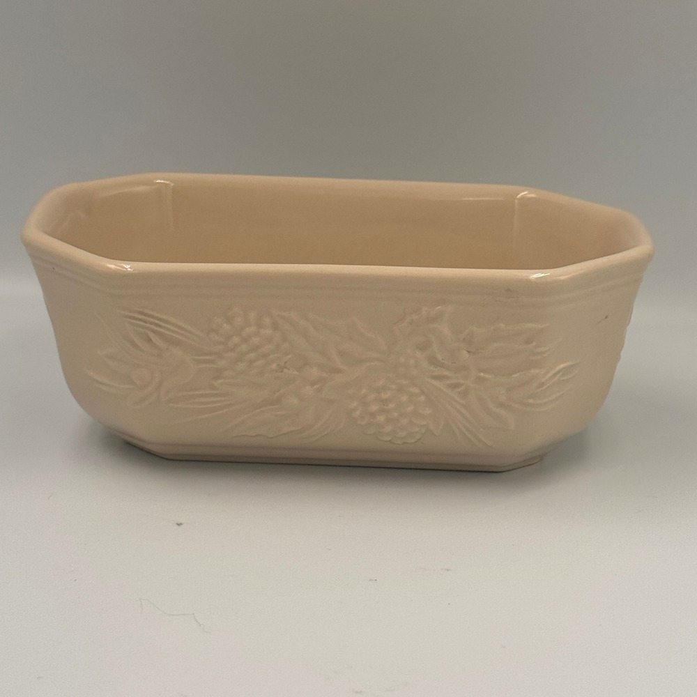 Longaberger Pottery Loaf Pan Ivory Cream Embossed Pinecone Holly Holiday Baking